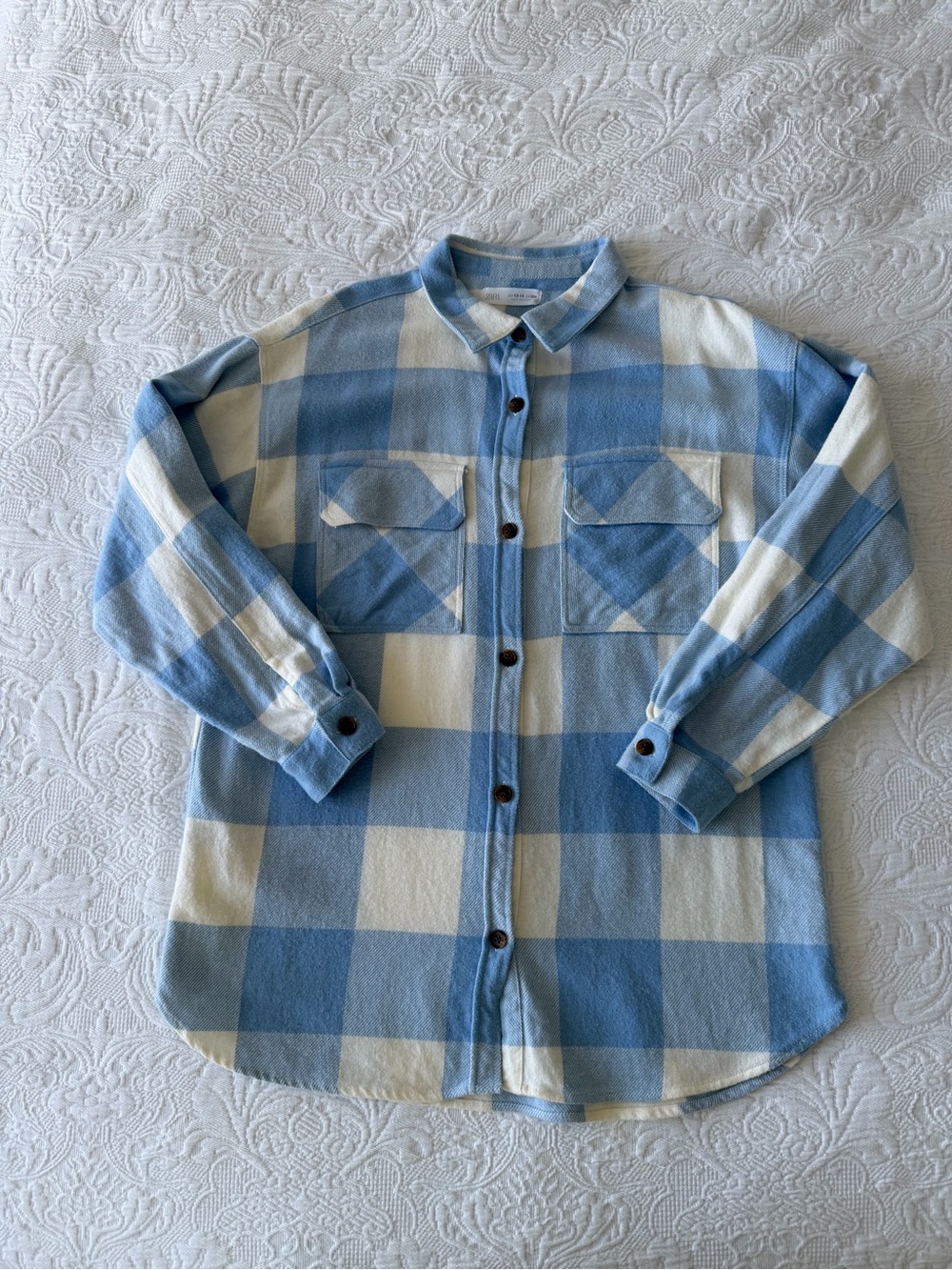 Zara Light Blue and Cream Check Button-Down Shirt, flannel, elongated